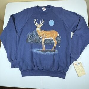 Vintage Jerzees NuBlend Deadstock NWT Deer Moon Graphic‎ Sweatshirt Men's L Blue